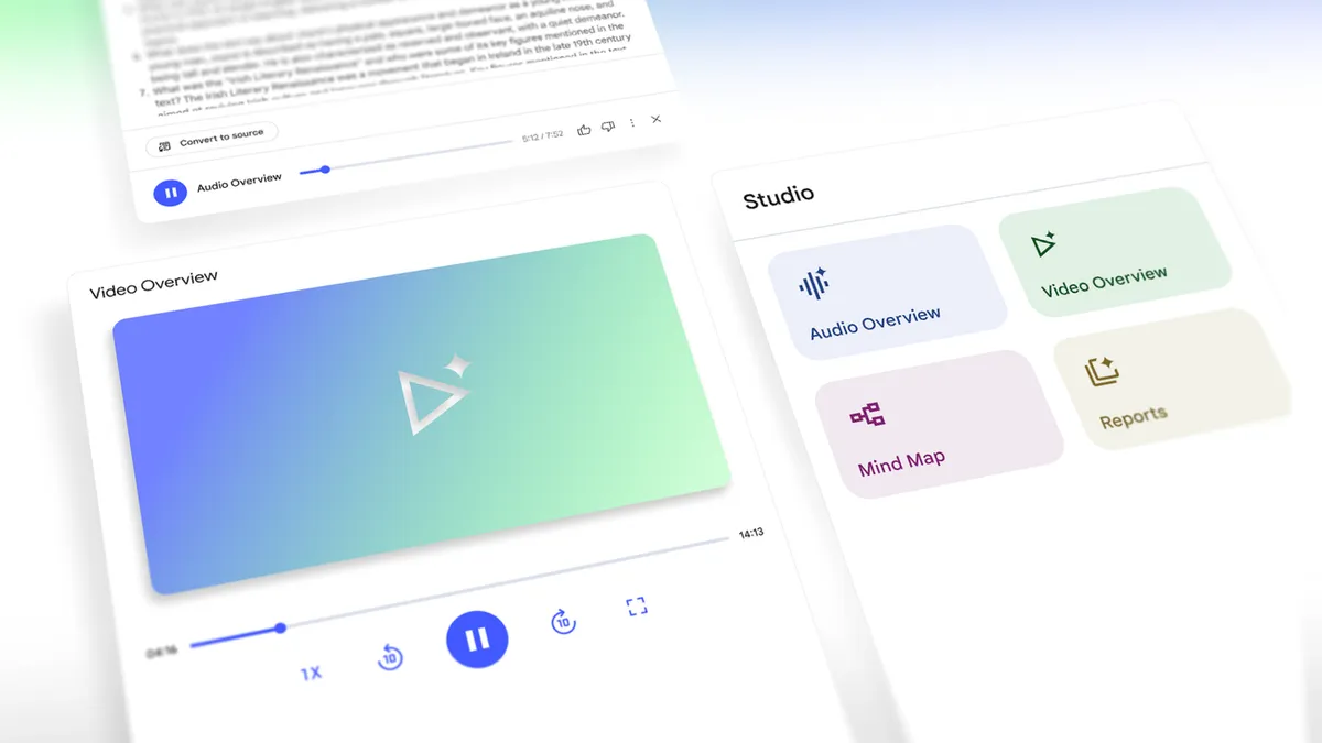 NotebookLM 스튜디오 패널. Audio Overview, Video Overview, Mind Map, Reports 카드가 있고 왼쪽에 재생 중인 비디오 오버뷰와 오디오 오버뷰 플레이어가 겹쳐 있다