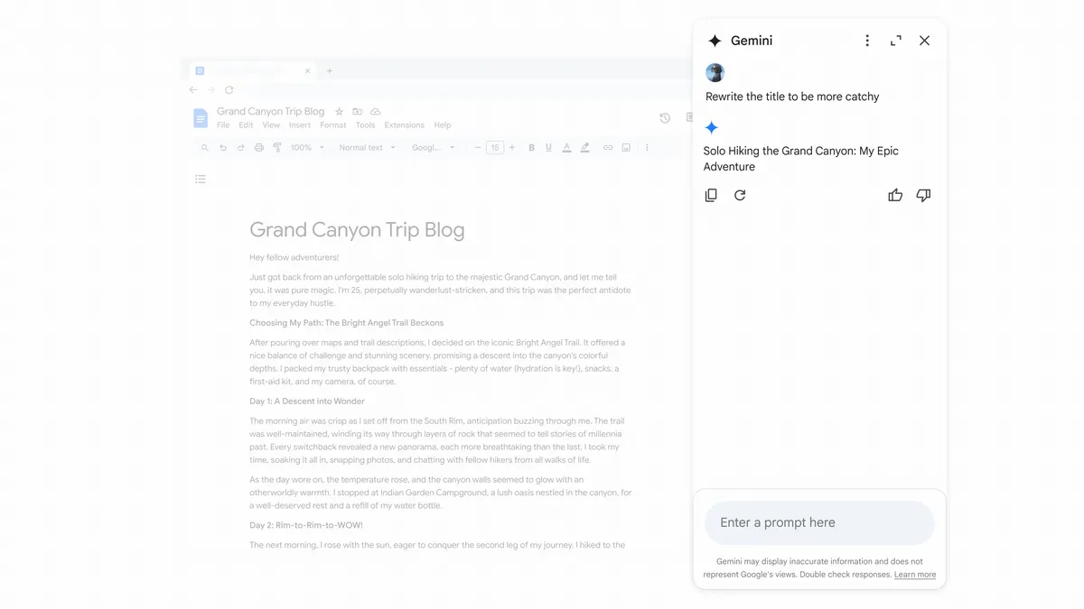 Google Docs 문서 오른쪽에 Gemini 사이드 패널이 열려 있고, 제목을 더 눈에 띄게 고쳐 달라는 요청에 새 제목 안을 제시한 모습
