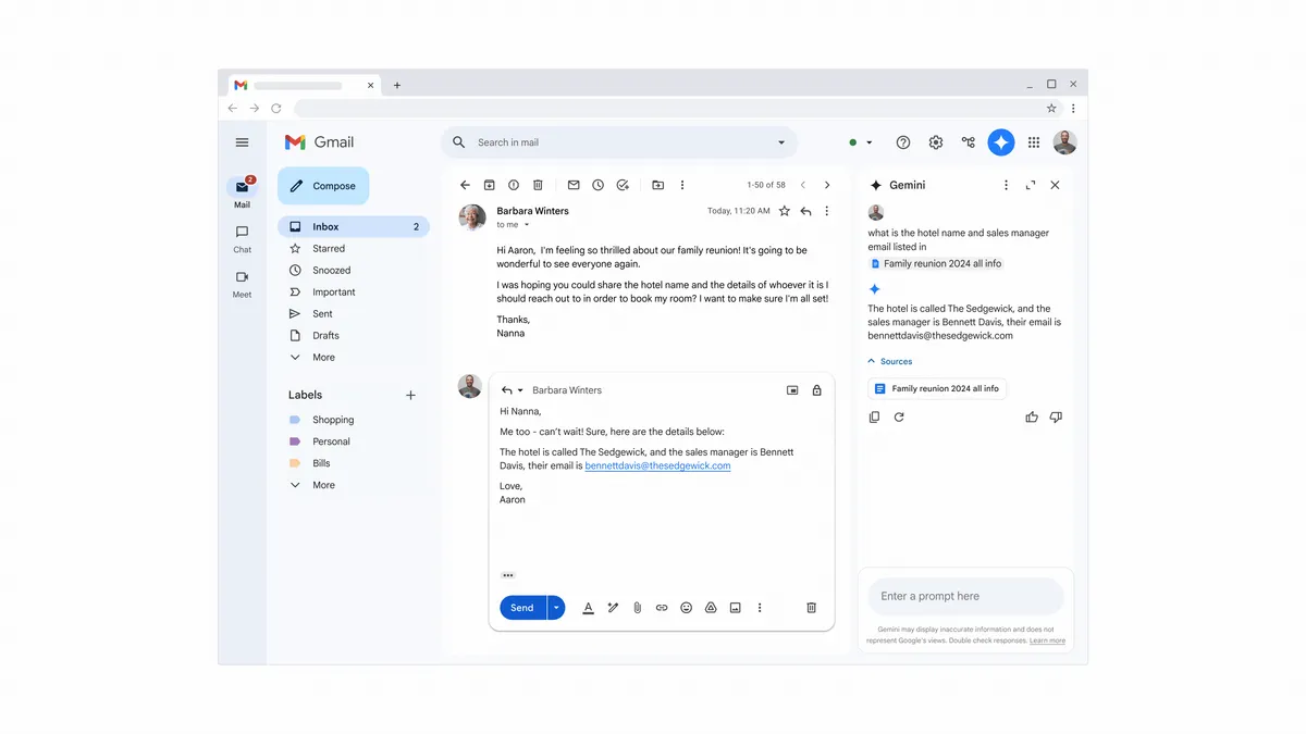 Gmail 화면 오른쪽에 Gemini 사이드 패널이 열려 있고, 첨부 파일에서 호텔 이름과 담당자 이메일을 찾아 달라는 질문에 출처 파일과 함께 답한 모습