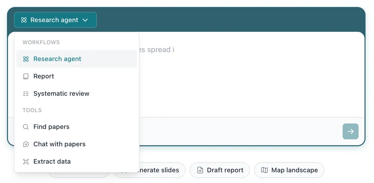 Elicit 입력창의 워크플로 선택 메뉴. Research agent, Report, Systematic review 워크플로와 Find papers, Chat with papers, Extract data 도구가 나열되어 있다