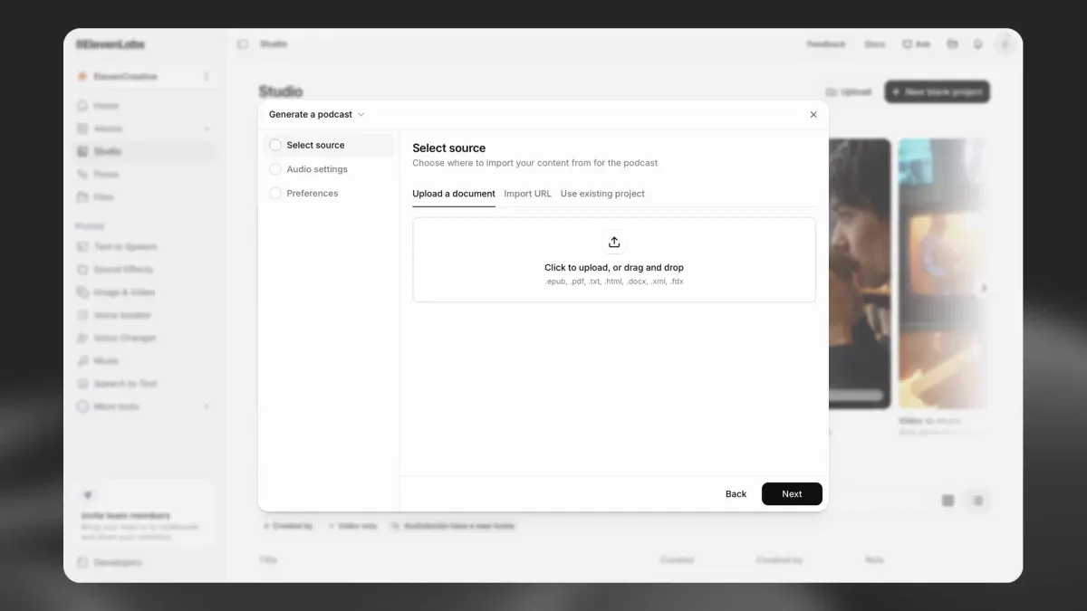 ElevenLabs Studio의 Generate a podcast 대화창. 소스 선택, 오디오 설정, 환경 설정 세 단계 중 문서 업로드, URL 가져오기, 기존 프로젝트 사용 탭이 보인다