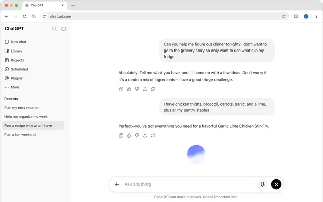 chatgpt.com 웹 화면. 왼쪽 사이드바에 New chat, Library, Projects, Scheduled, Plugins 메뉴가 있고 가운데에 저녁 메뉴를 묻는 대화가 오가는 모습
