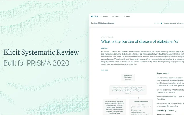 Elicit Systematic Review 소개 화면. 왼쪽에 Built for PRISMA 2020 문구, 오른쪽에 알츠하이머 질병 부담을 주제로 생성된 리서치 리포트와 PRISMA 흐름도