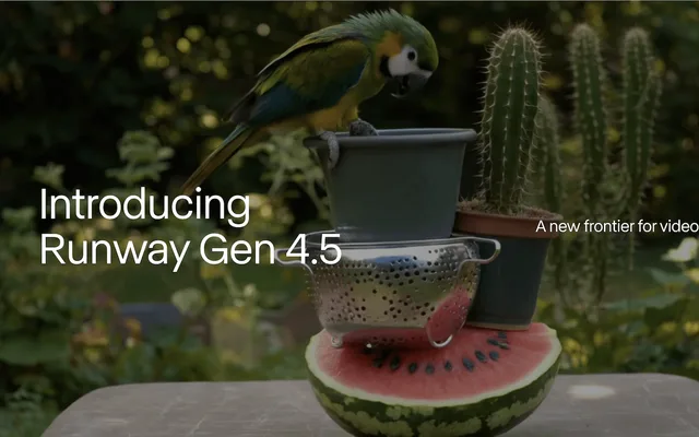 Runway Gen-4.5 공개 카드 이미지. 검은 배경 위에 Gen-4.5로 생성한 영상 장면과 모델명이 배치되어 있다
